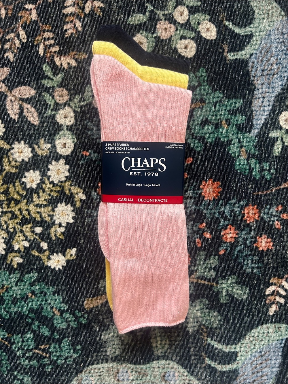 3-Pack XL Chaps Crew Socks - Size 10-13 - Pink, Yellow, Navy